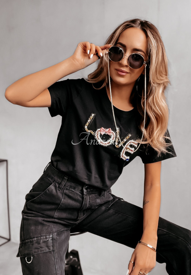 T-shirt z ozdobną aplikacją Full Of Love czarny