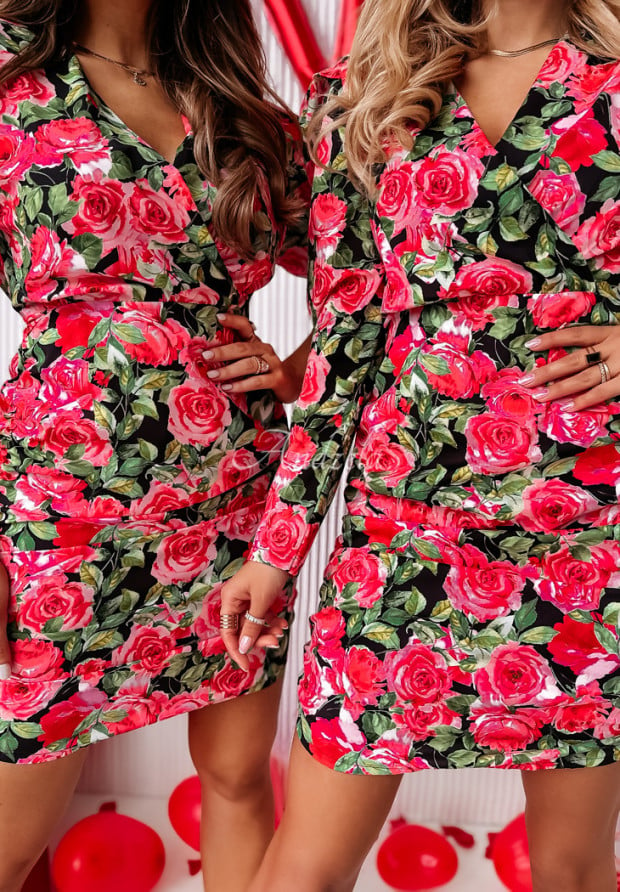 Dopasowana sukienka w kwiaty City Blooms różowo-zielona