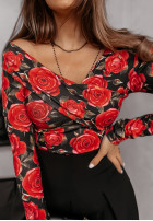 Bluzka na jedno ramię w kwiaty Roses Are Red czarno-czerwona