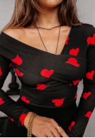 Bluzka na jedno ramię w serca Pure Love czarno-czerwona