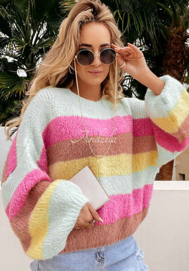 Sweter oversize w paski Colored Punch miętowo-różowy