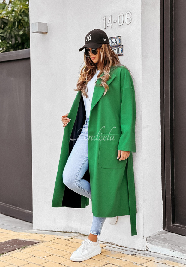 Długi płaszcz oversize z paskiem Less Is More zielony