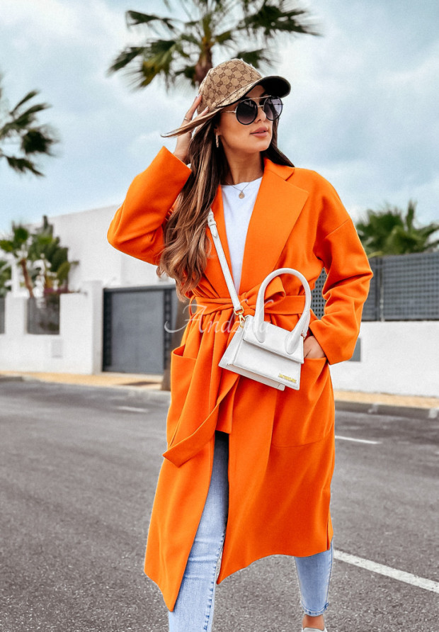 Długi płaszcz oversize z paskiem Less Is More pomarańczowy