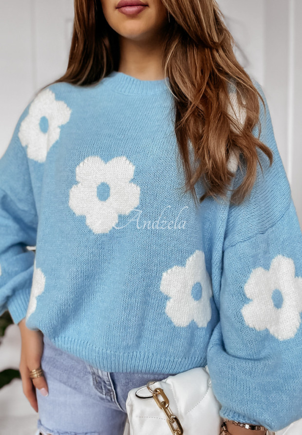 Sweter oversize w kwiaty Lady Flora niebiesko-biały