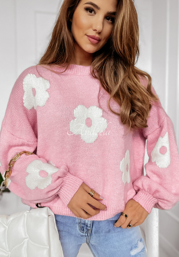 Sweter oversize w kwiaty Lady Flora różowo-biały