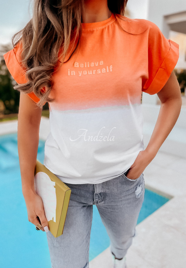 T-shirt z efektem ombre Believe In Yourself pomarańczowy