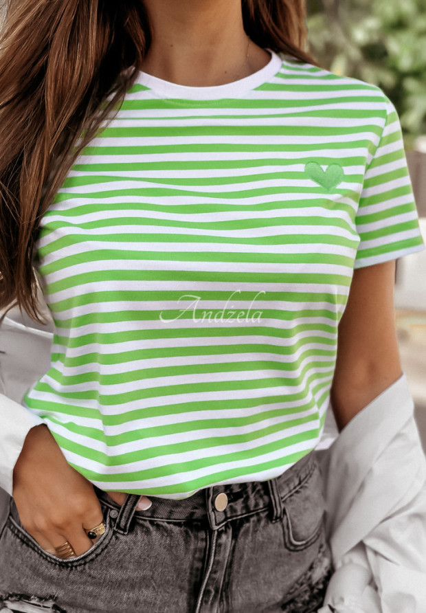 T-shirt w paski z serduszkiem Love Spell biało-zielony
