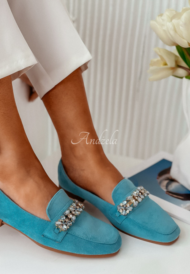 Zamszowe mokasyny z kryształkami Glamour Steps niebieskie