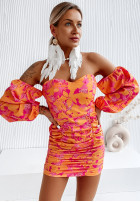 Kwiecista sukienka hiszpanka z marszczeniami Roselia pomarańczowa