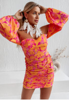 Kwiecista sukienka hiszpanka z marszczeniami Roselia pomarańczowa