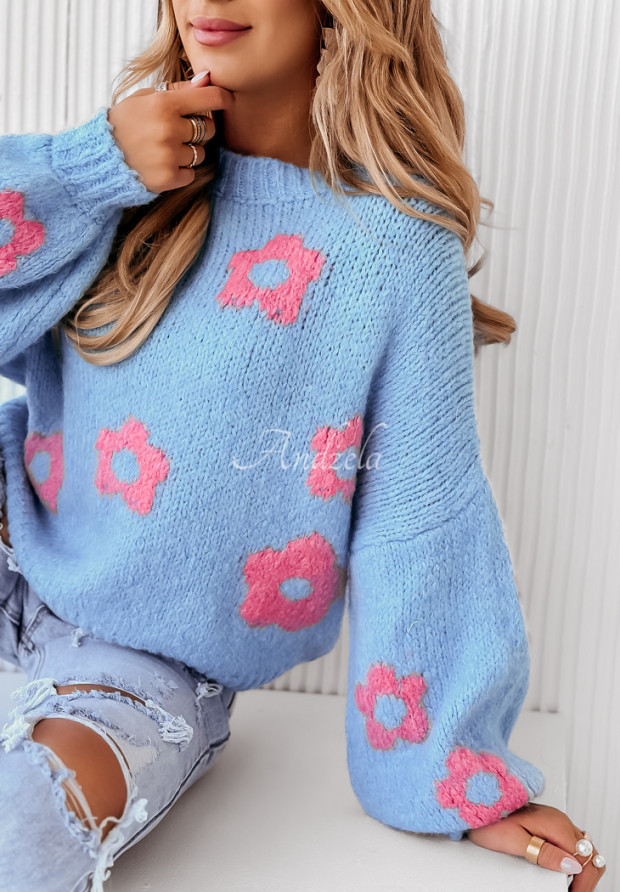 Sweter oversize w kwiaty Be My Flower błękitny