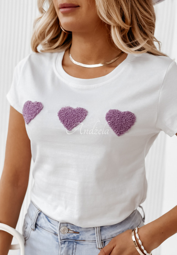 T-shirt z serduszkami All The Love biało-fioletowy