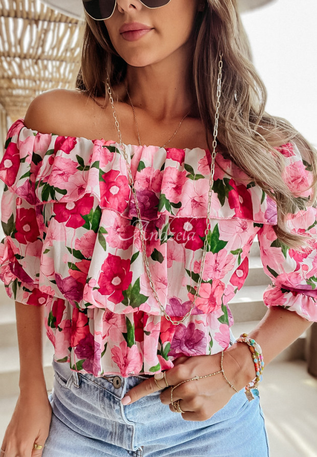 Krótka kwiecista bluzka z falbankami Darling Flowers różowa