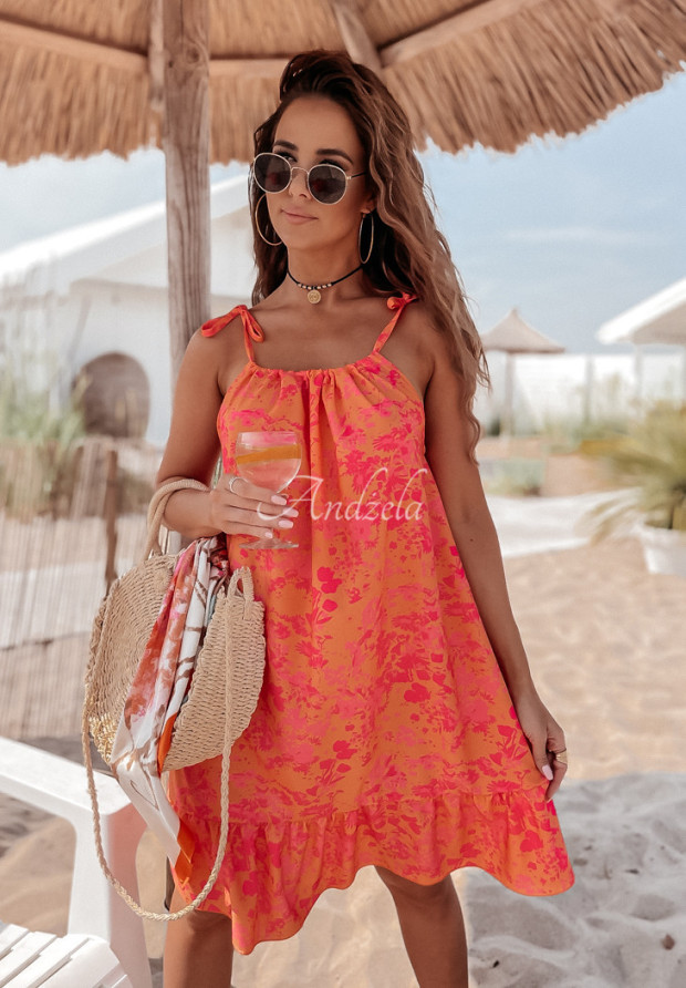Kwiecista sukienka na ramiączkach La Fleur pomarańczowo-różowa