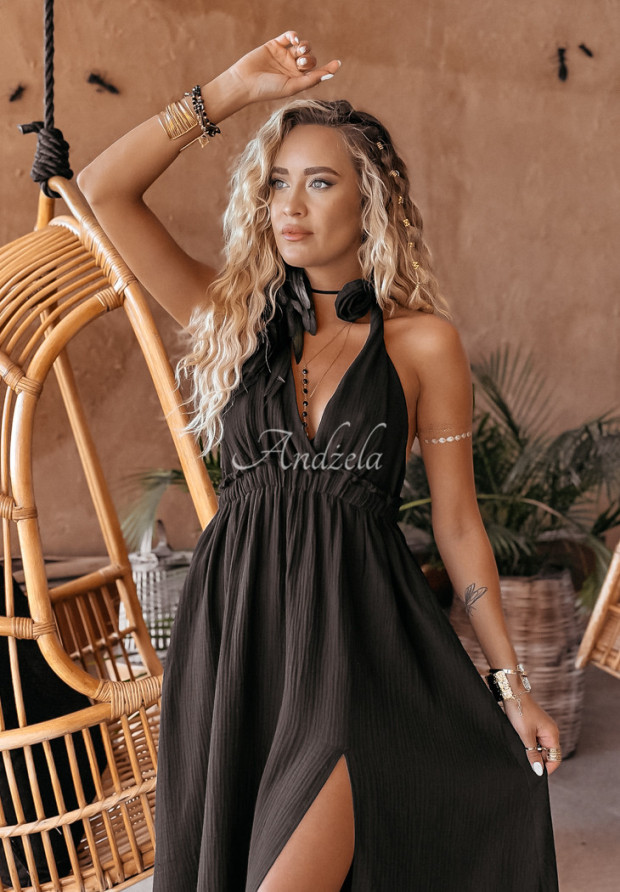 Muślinowa sukienka maxi z rozcięciem Aloha Beaches czarna