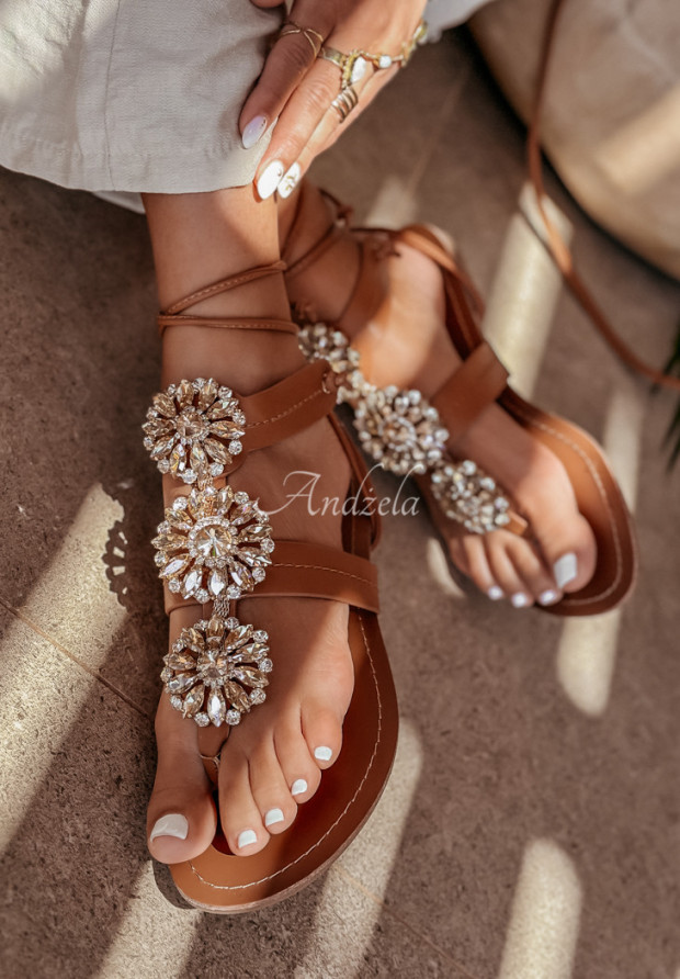 Sandałki japonki z kryształkami Sunny Sandals camelowe