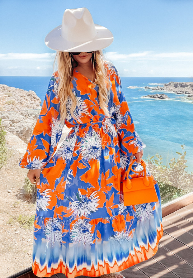 Wzorzysta sukienka maxi Fantasy Island niebiesko-pomarańczowa