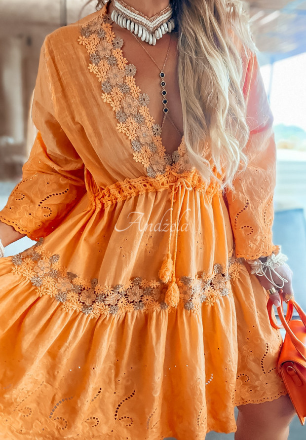 Sukienka tunika z koronką boho Costa Rica pomarańczowa