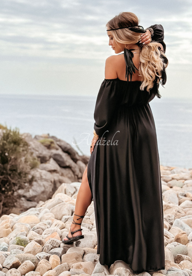 Satynowa sukienka hiszpanka z rozcięciem La Serena czarna