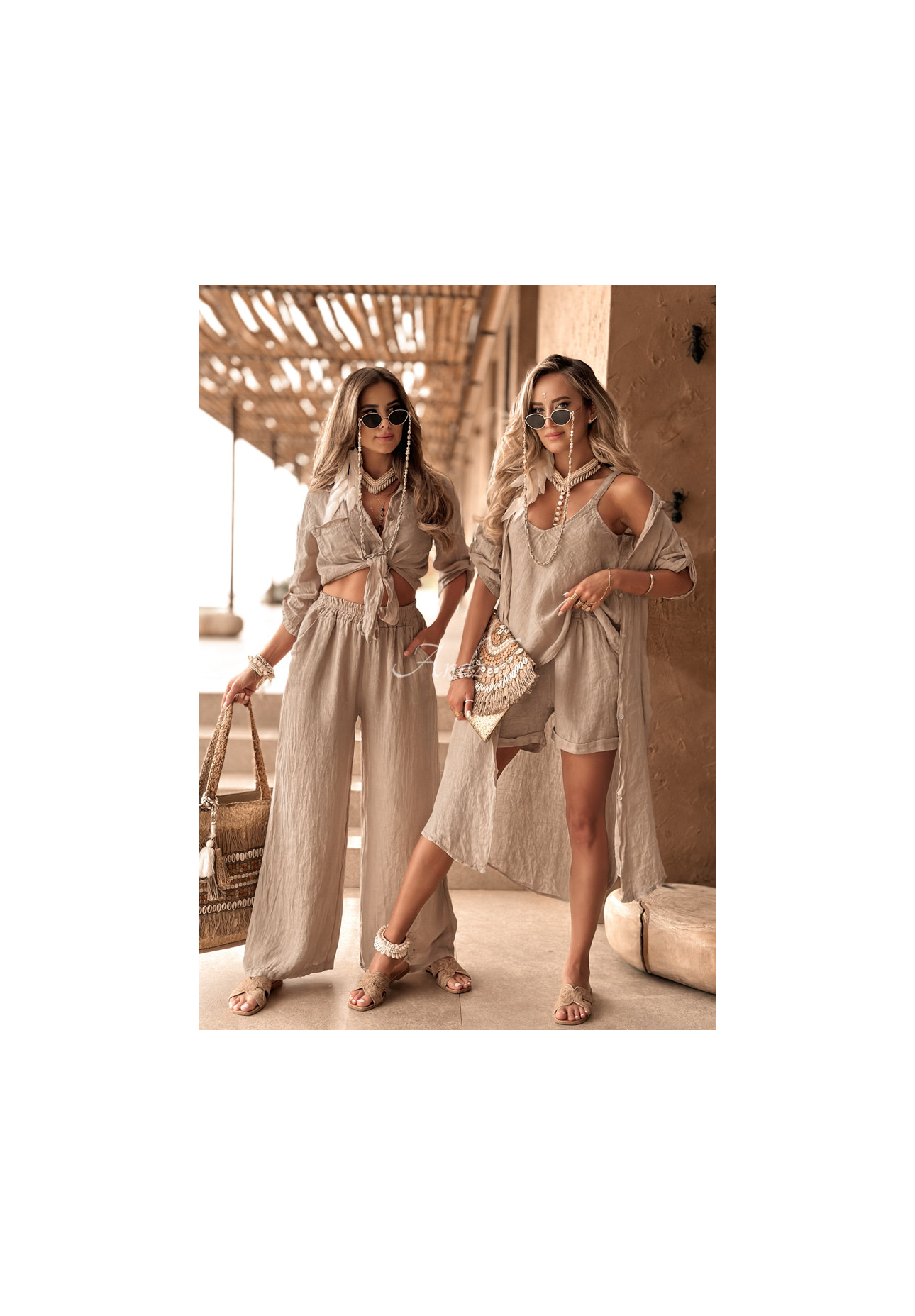 Lniany top Summery Essentials beżowy