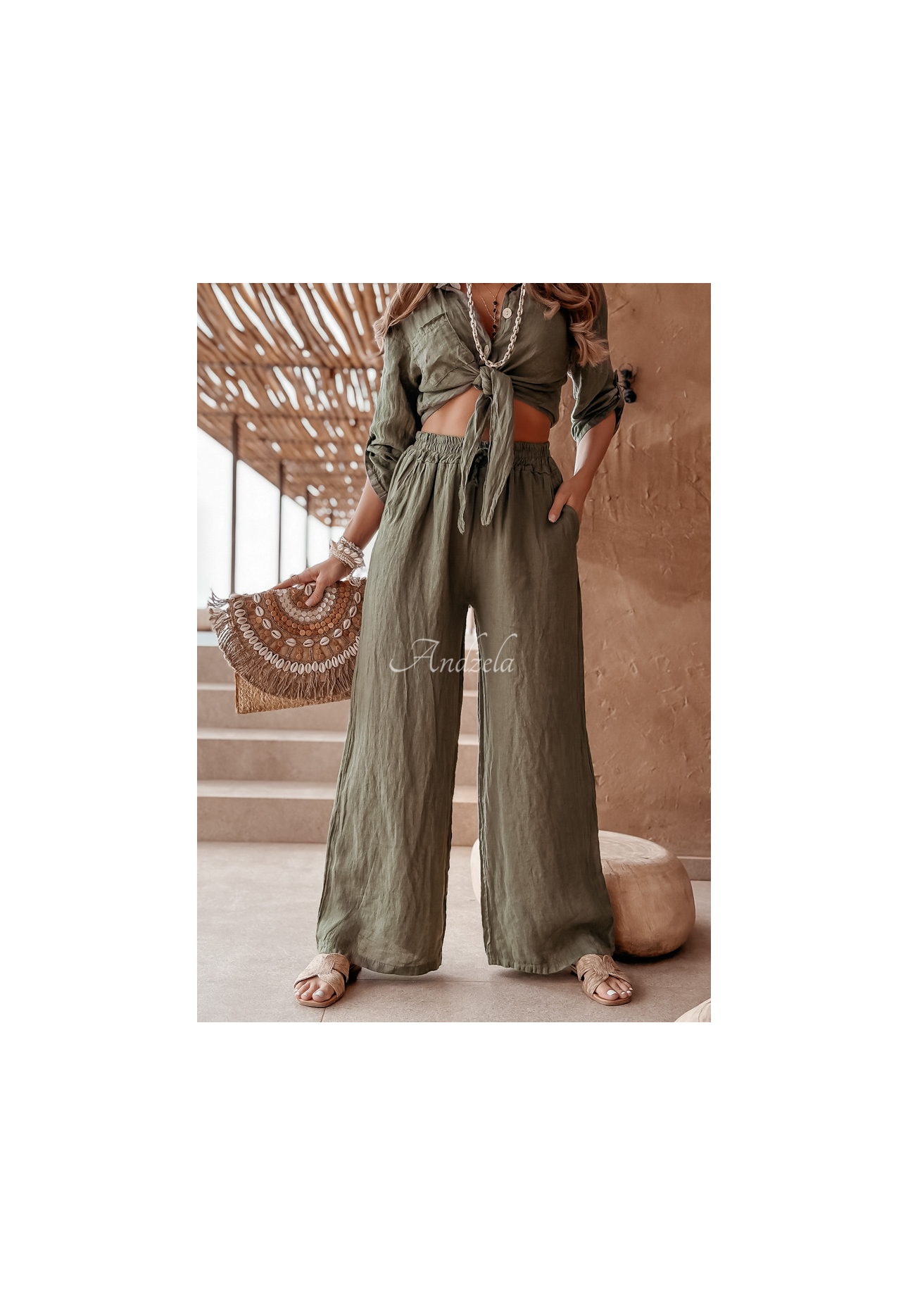 Lniane spodnie Summery Essentials khaki