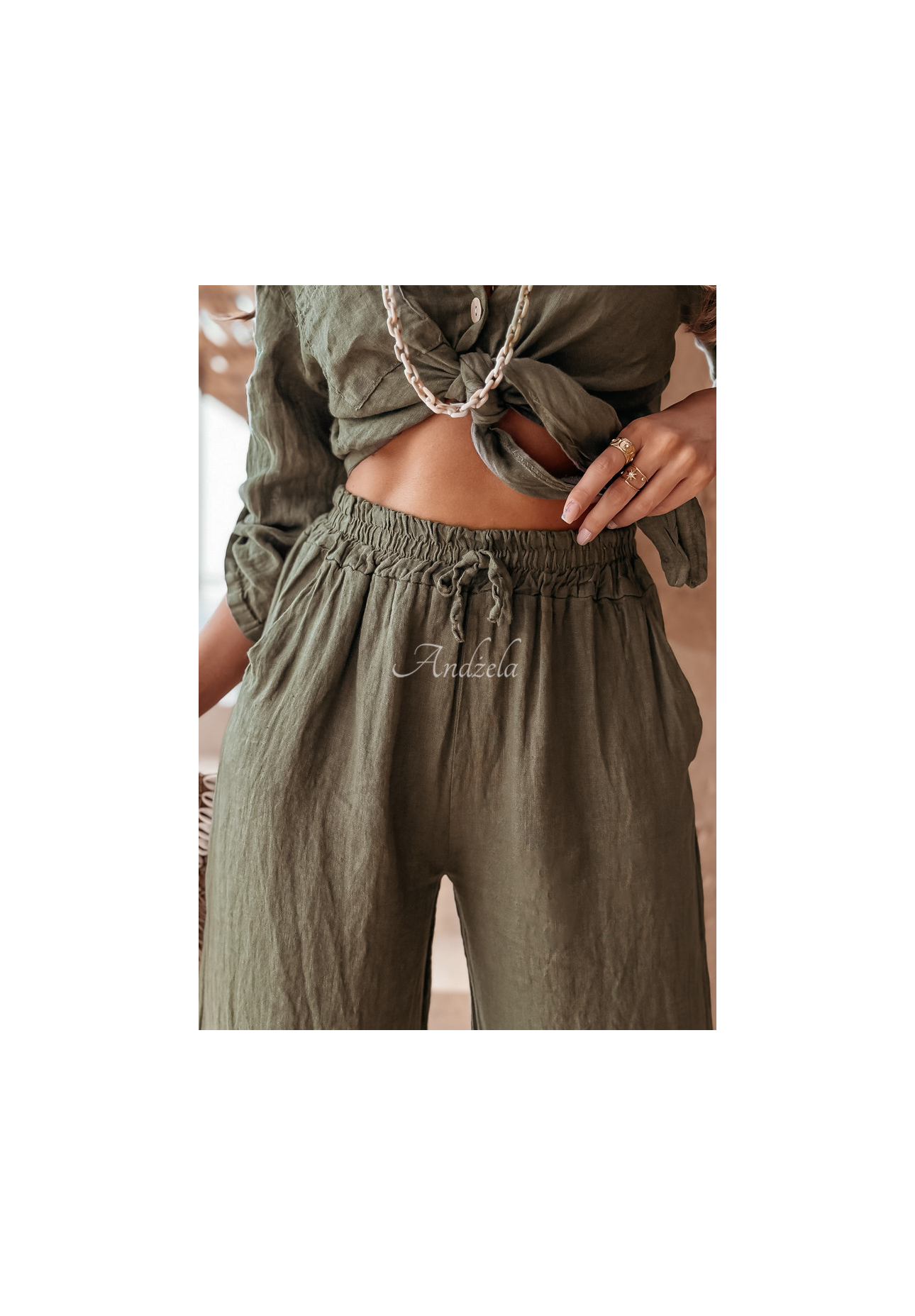 Lniane spodnie Summery Essentials khaki