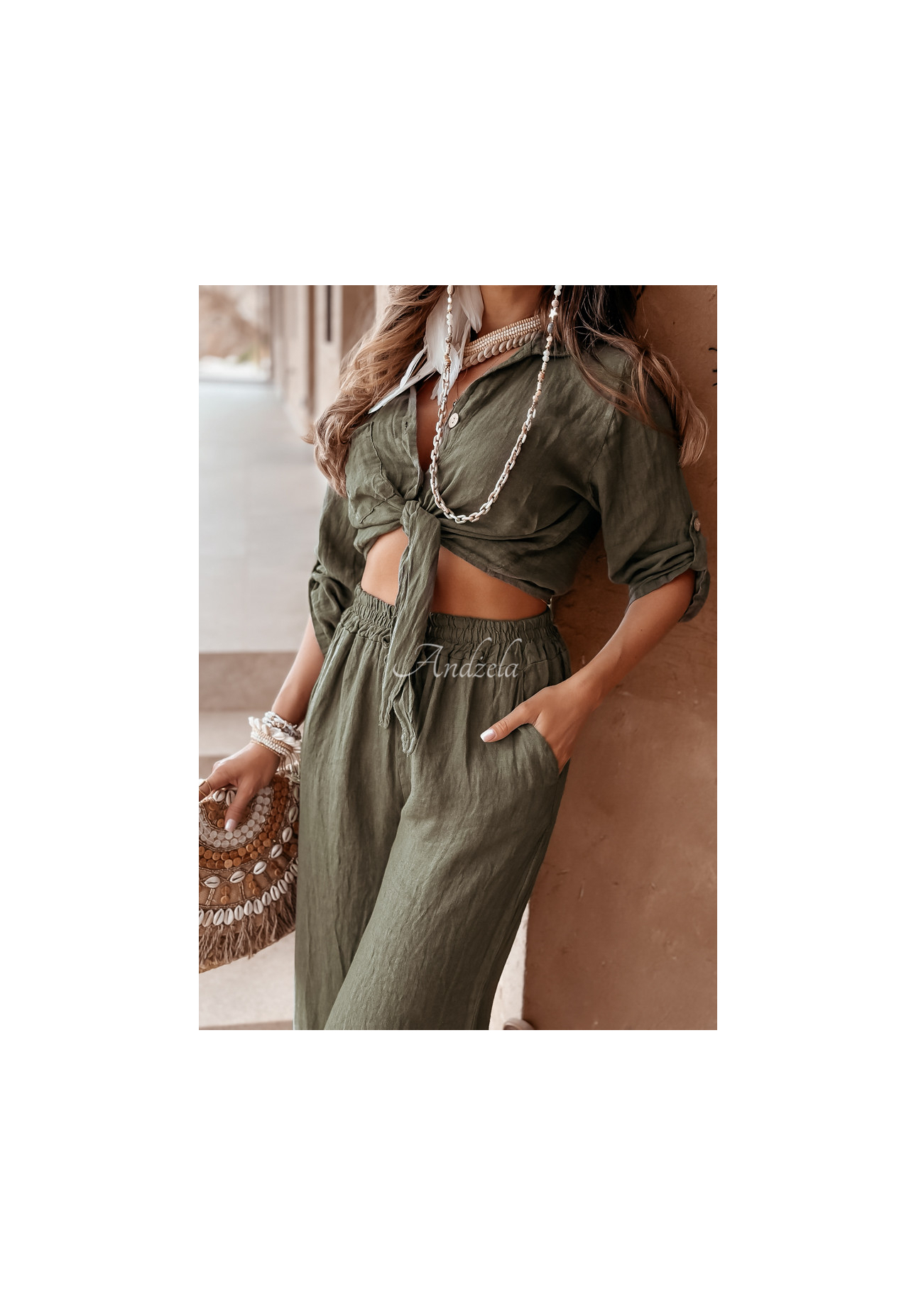 Lniane spodnie Summery Essentials khaki