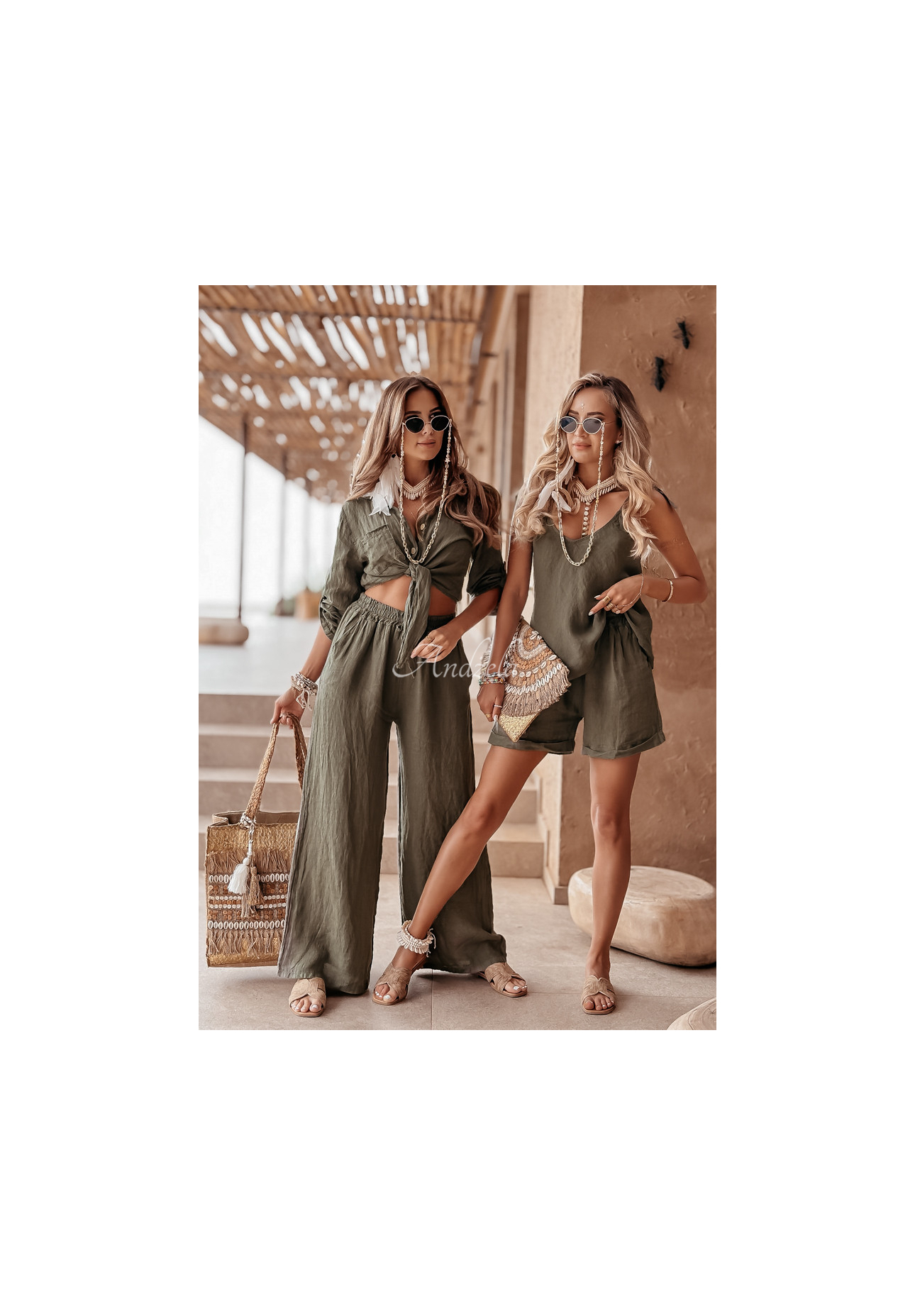 Lniane spodnie Summery Essentials khaki