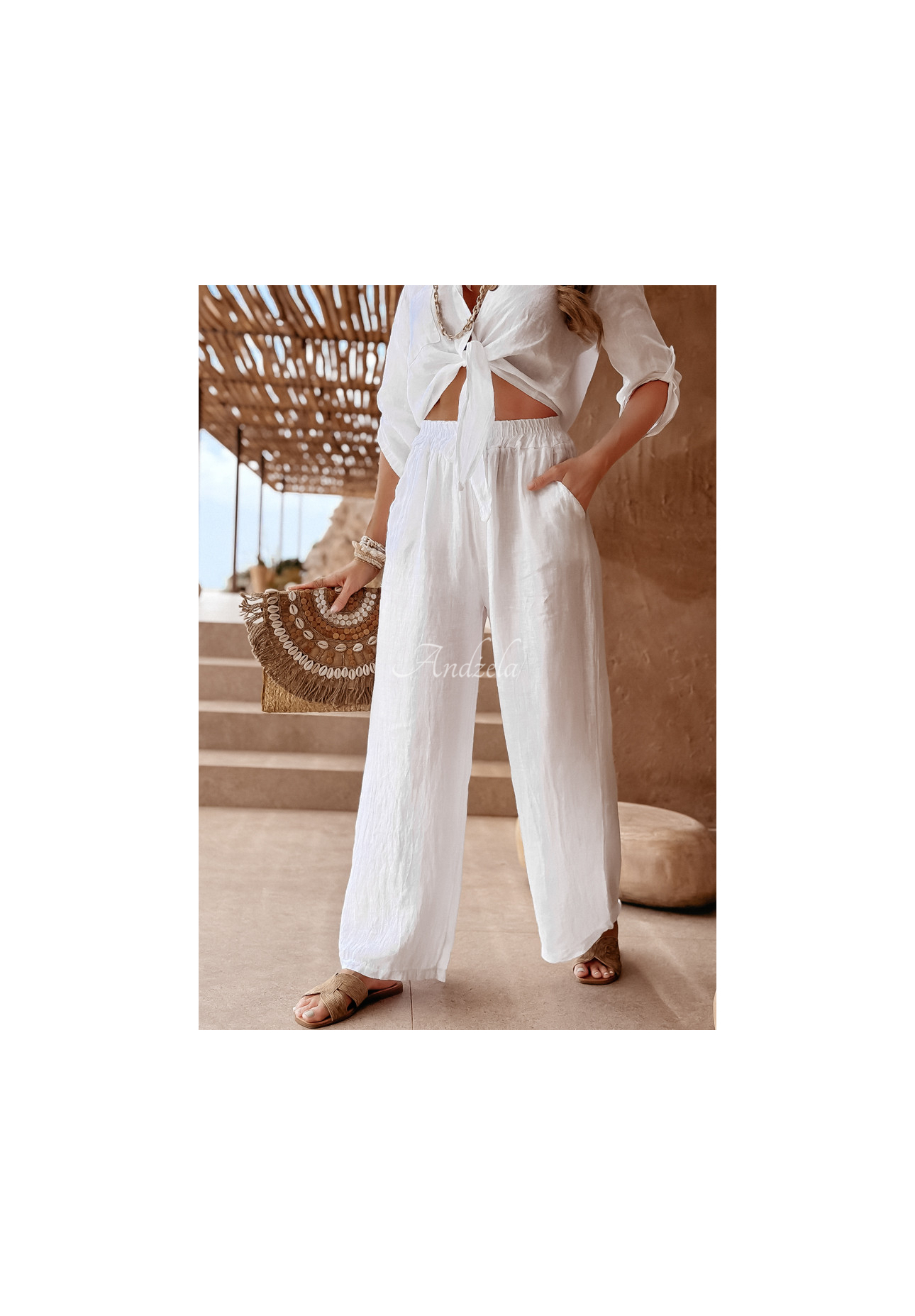 Lniane spodnie Summery Essentials ecru