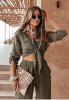 short lniana Shirt z wiązaniem Summery Essentials in khaki green