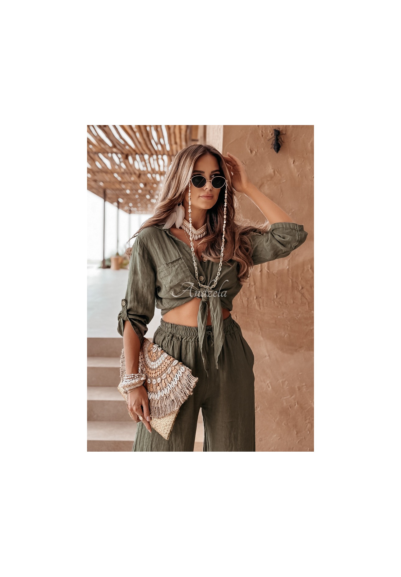 Krótka lniana koszula z wiązaniem Summery Essentials khaki