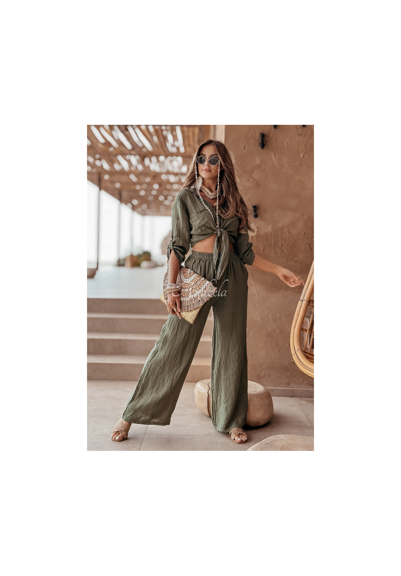 Krótka lniana koszula z wiązaniem Summery Essentials khaki