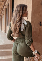 short lniana Shirt z wiązaniem Summery Essentials in khaki green