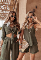 short lniana Shirt z wiązaniem Summery Essentials in khaki green