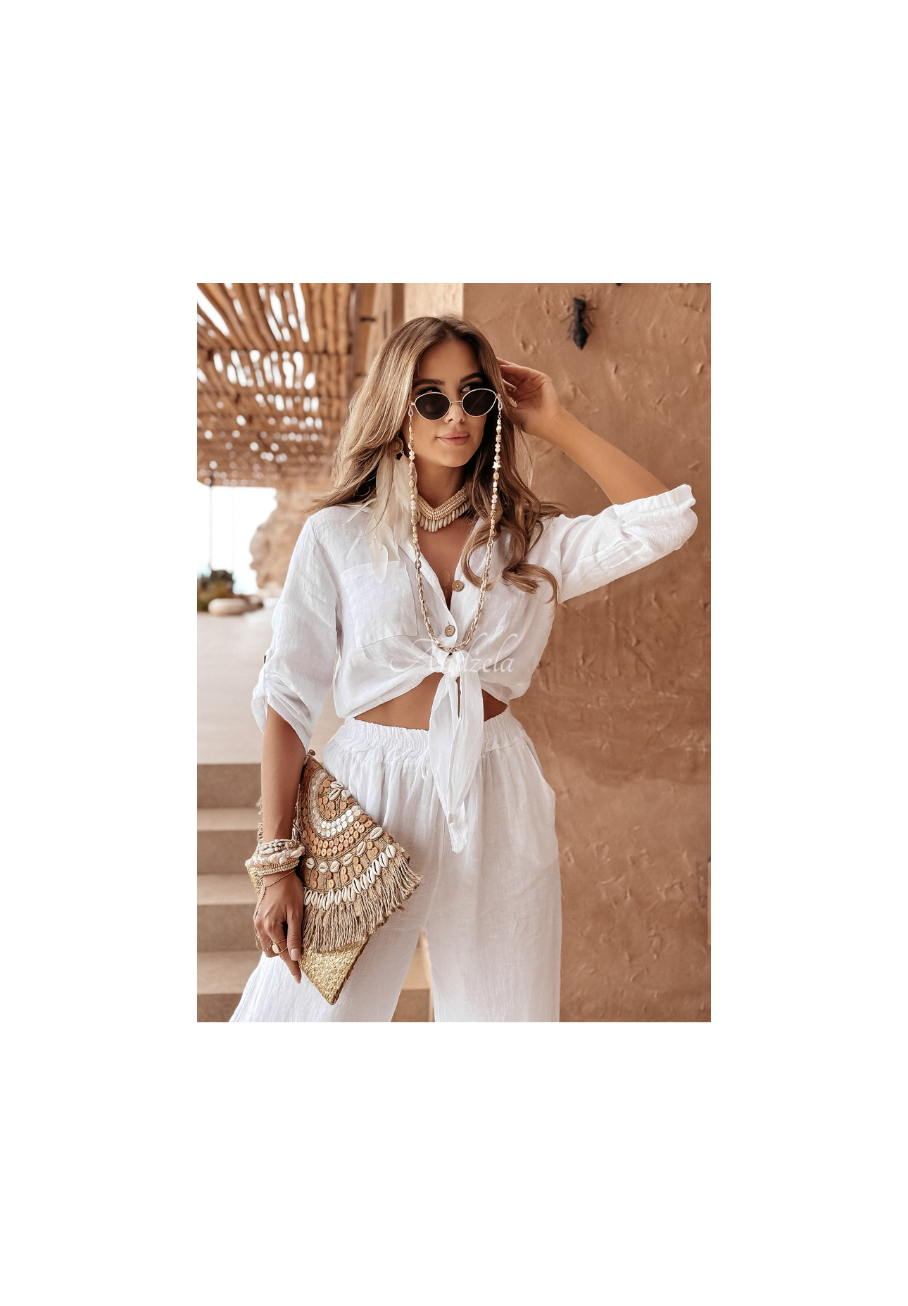 Krótka lniana koszula z wiązaniem Summery Essentials ecru