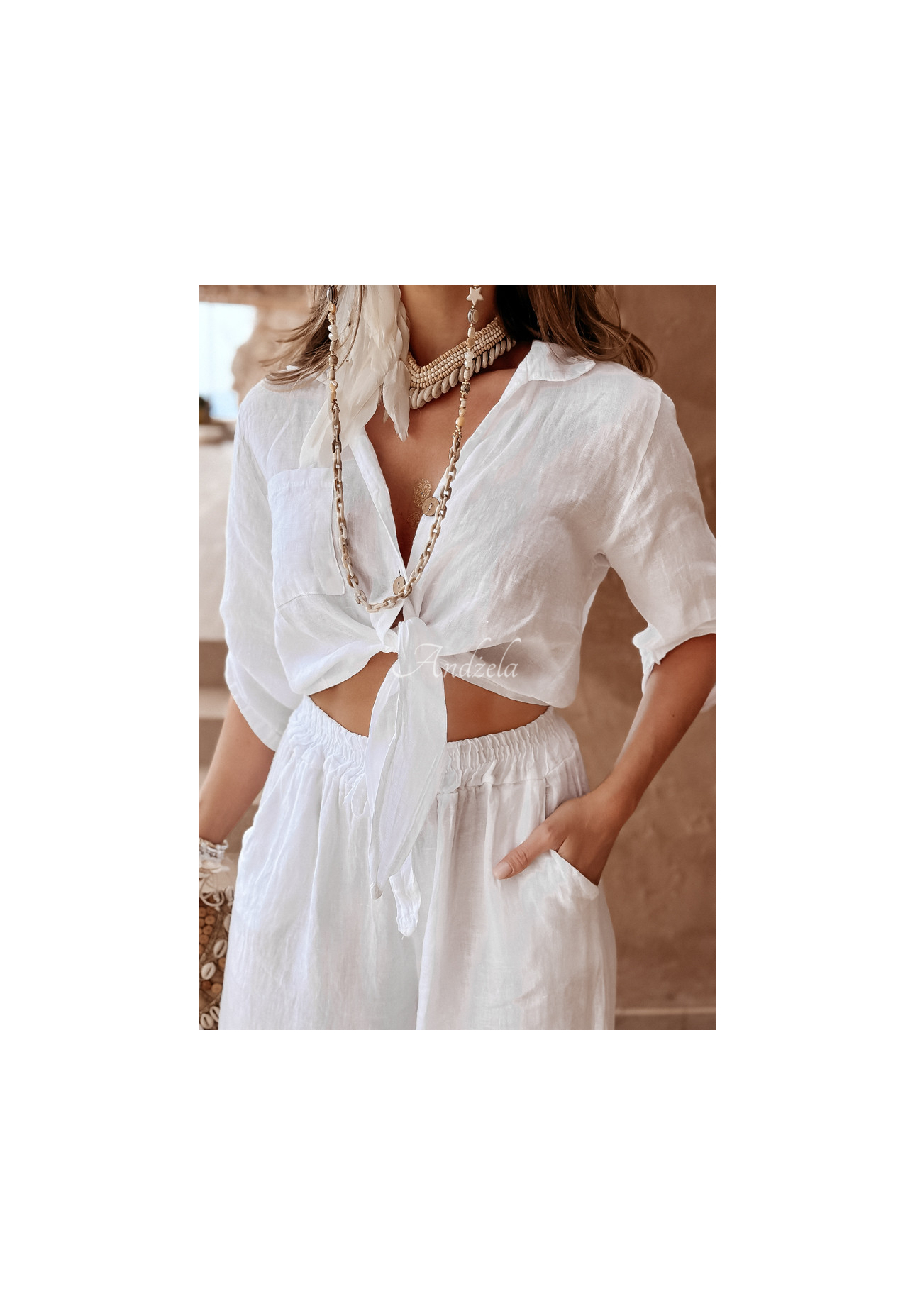 Krótka lniana koszula z wiązaniem Summery Essentials ecru