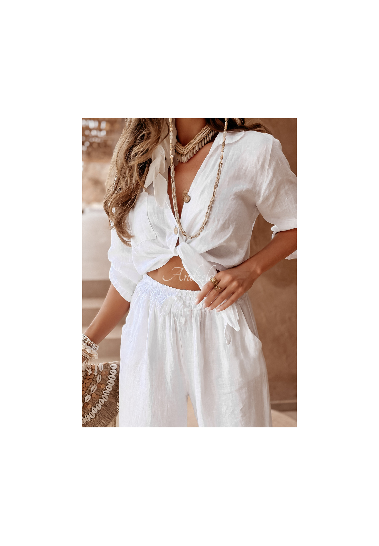 Krótka lniana koszula z wiązaniem Summery Essentials ecru