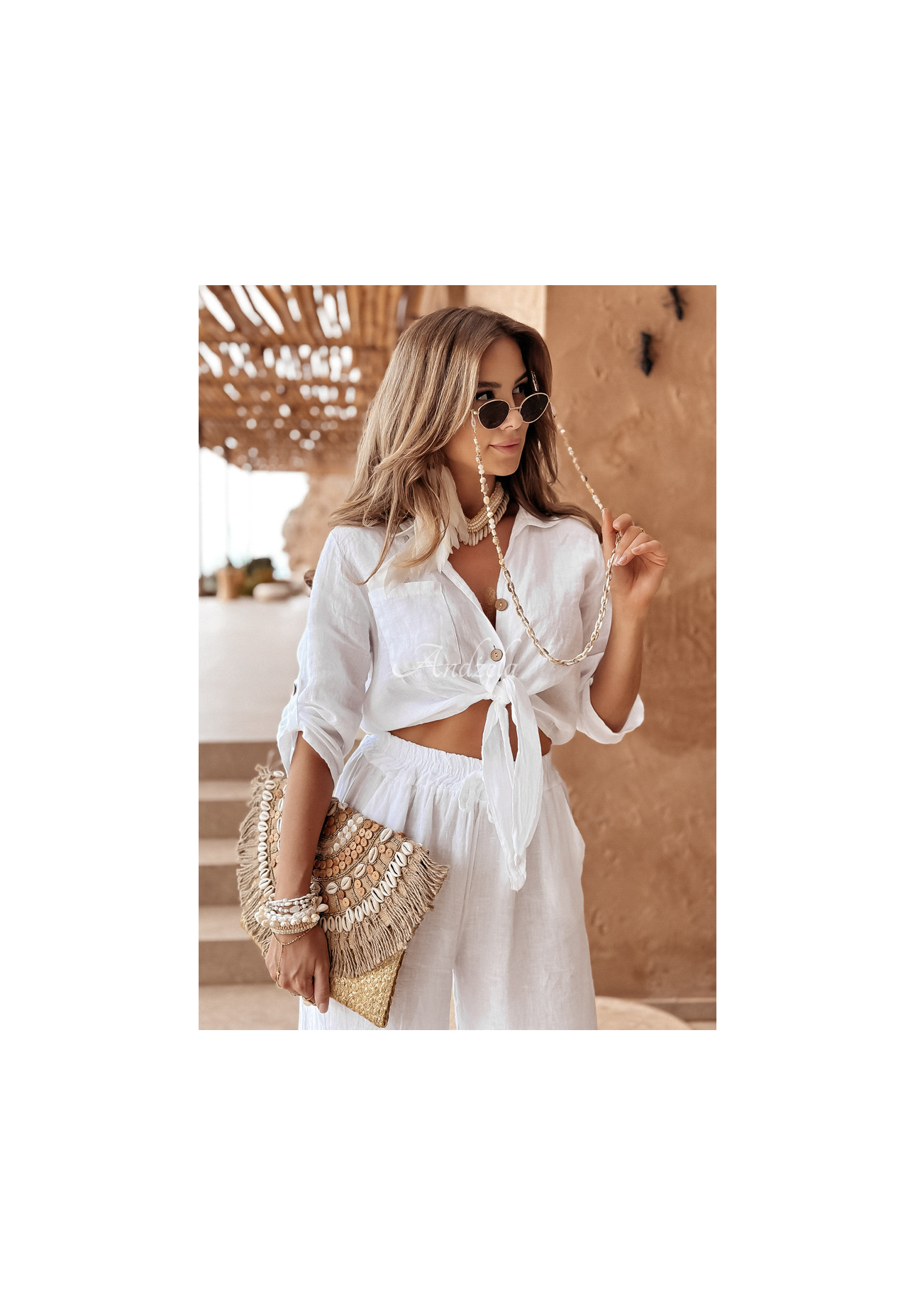 Krótka lniana koszula z wiązaniem Summery Essentials ecru