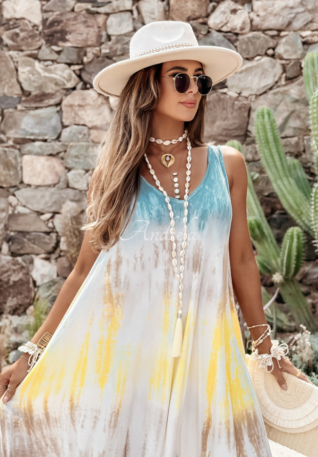 Sukienka maxi tie dye Beach Style niebiesko-żółta