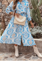Wzorzysta sukienka z paskiem Arabella błękitna