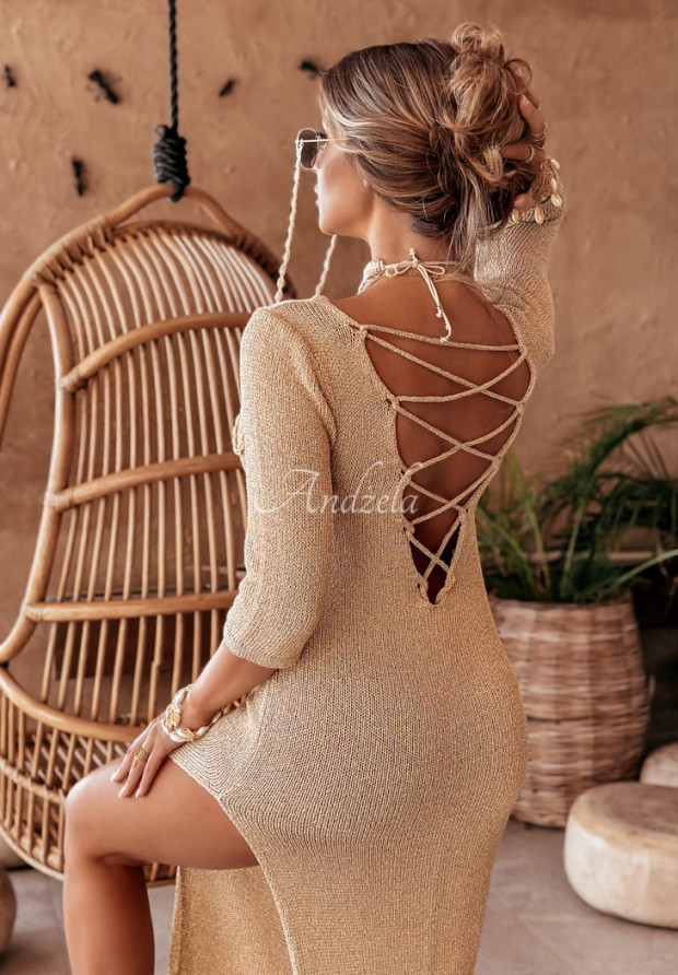 Dzianinowa sukienka maxi ze sznurowaniem Di La Verdad złota
