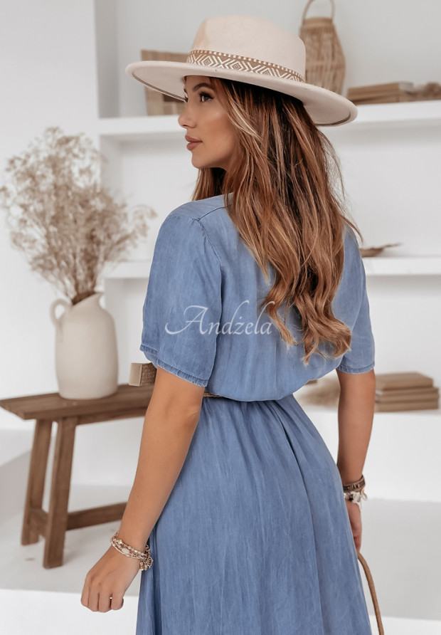 Jeansowa sukienka z paskiem Playa Del Carmen niebieska