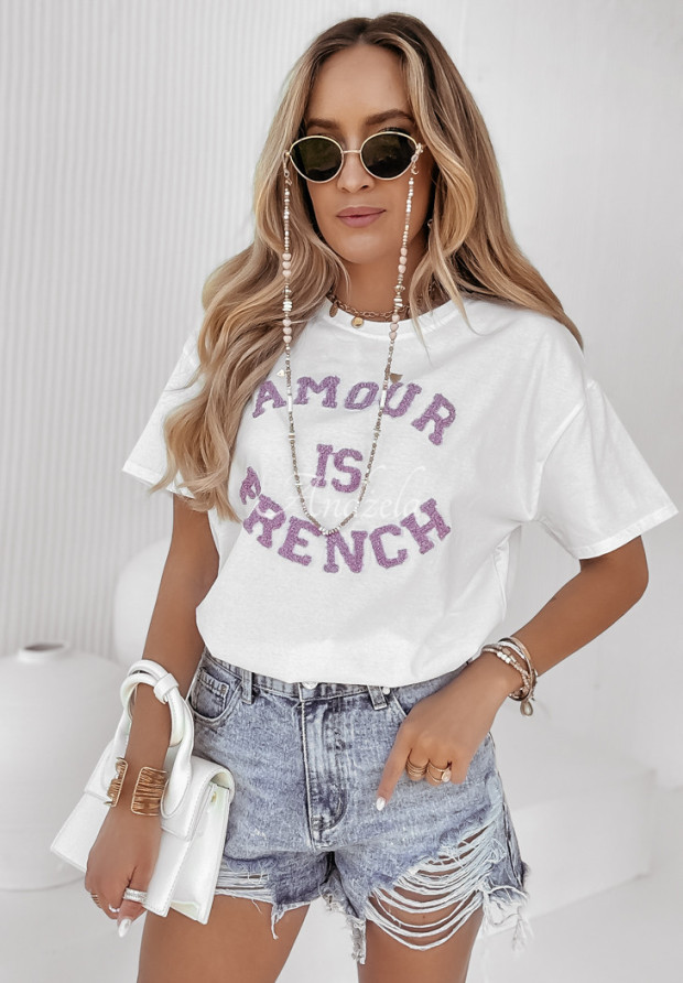 T-shirt z napisem Amour Is French biało-liliowy