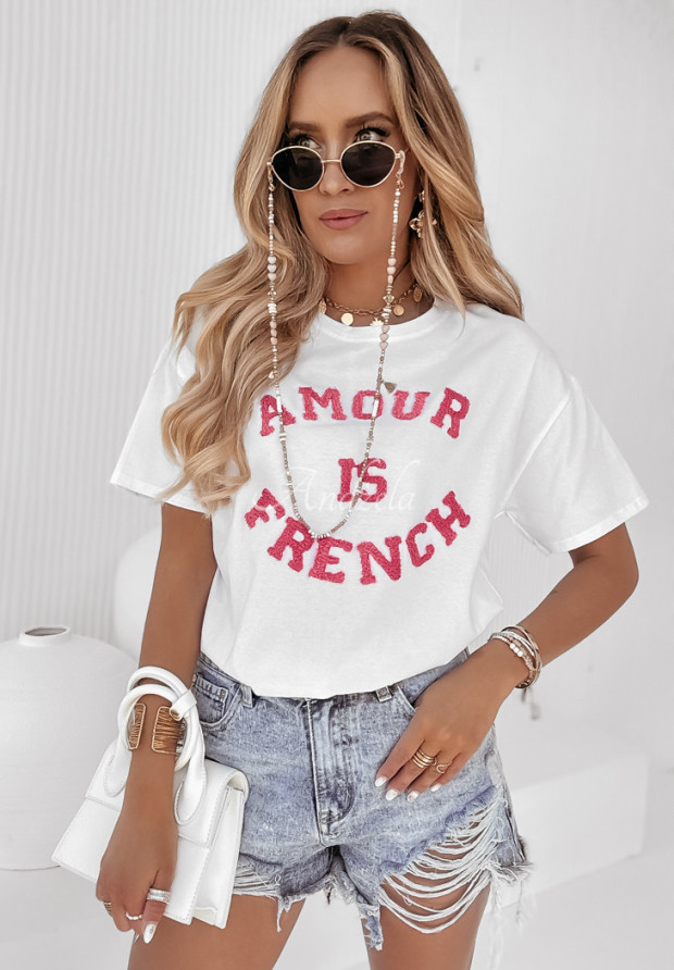T-shirt z napisem Amour Is French biało-różowy