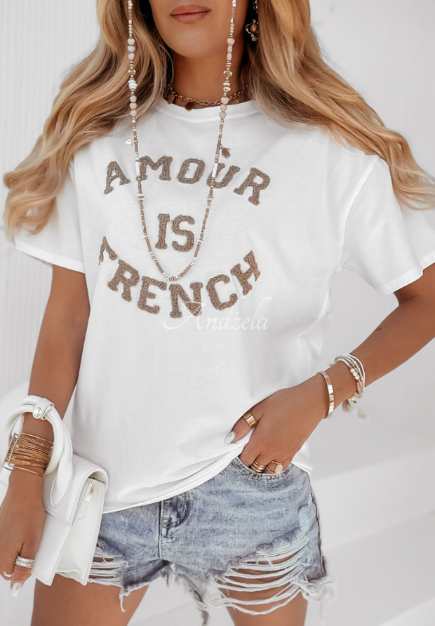 T-shirt z napisem Amour Is French biało-beżowy