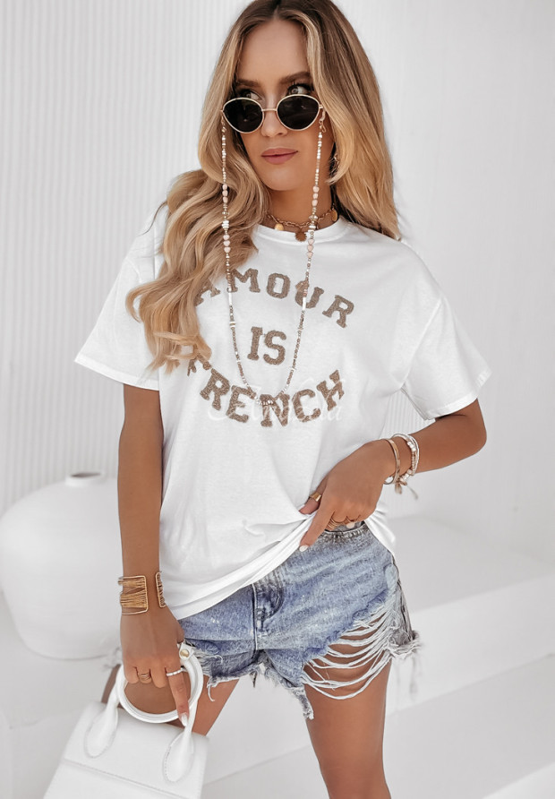 T-shirt z napisem Amour Is French biało-beżowy