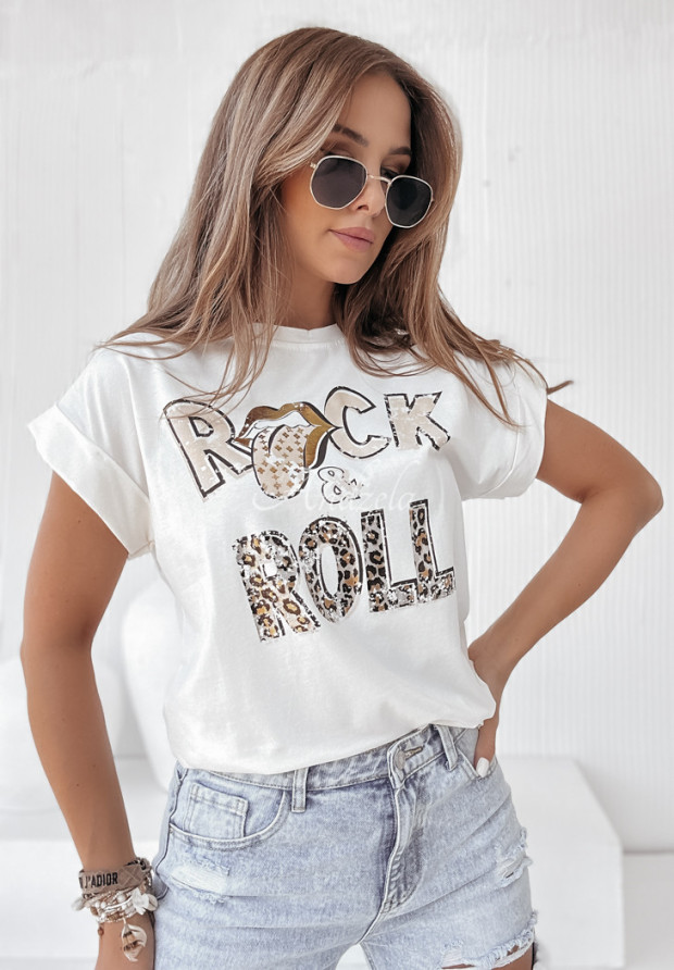 T-shirt z nadrukiem Rock And Roll ecru