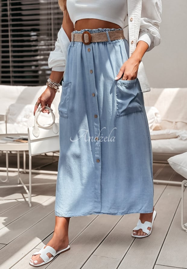 Jeansowa spódnica z paskiem i kieszeniami Trip To Santorini jasnoniebieska