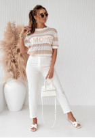 Ażurowy sweter w paski Amore Mio biało-beżowy
