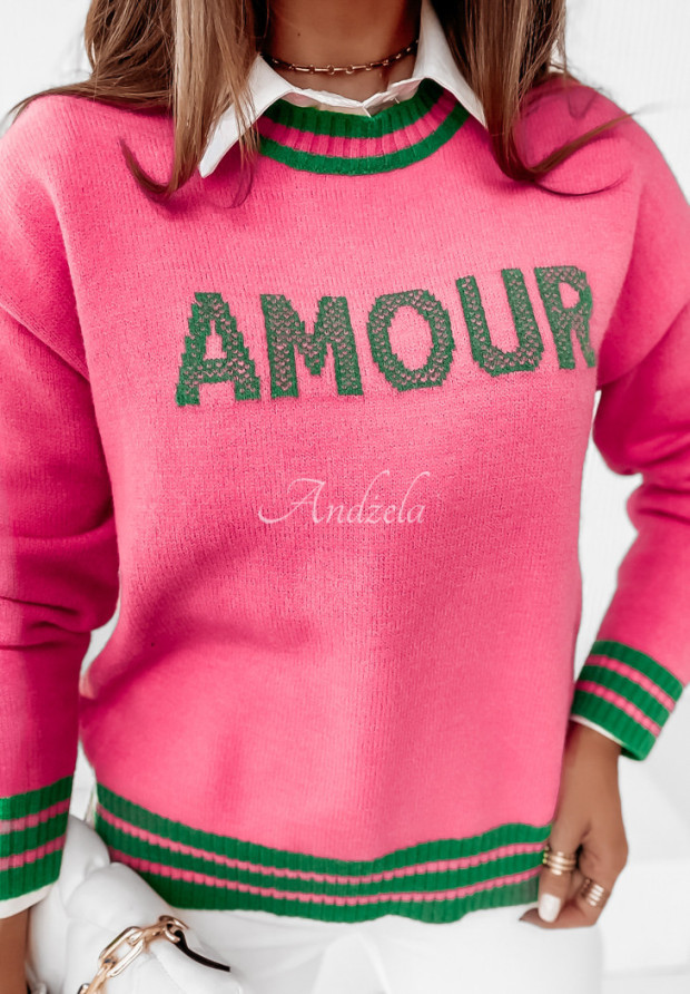 Sweter z napisem Amour różowo-zielony